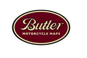 A red and white logo of butler motorcycle maps.