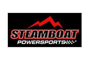 A black and red logo for steamboat powersports.