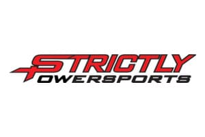 A red and black logo for strictl powersport.